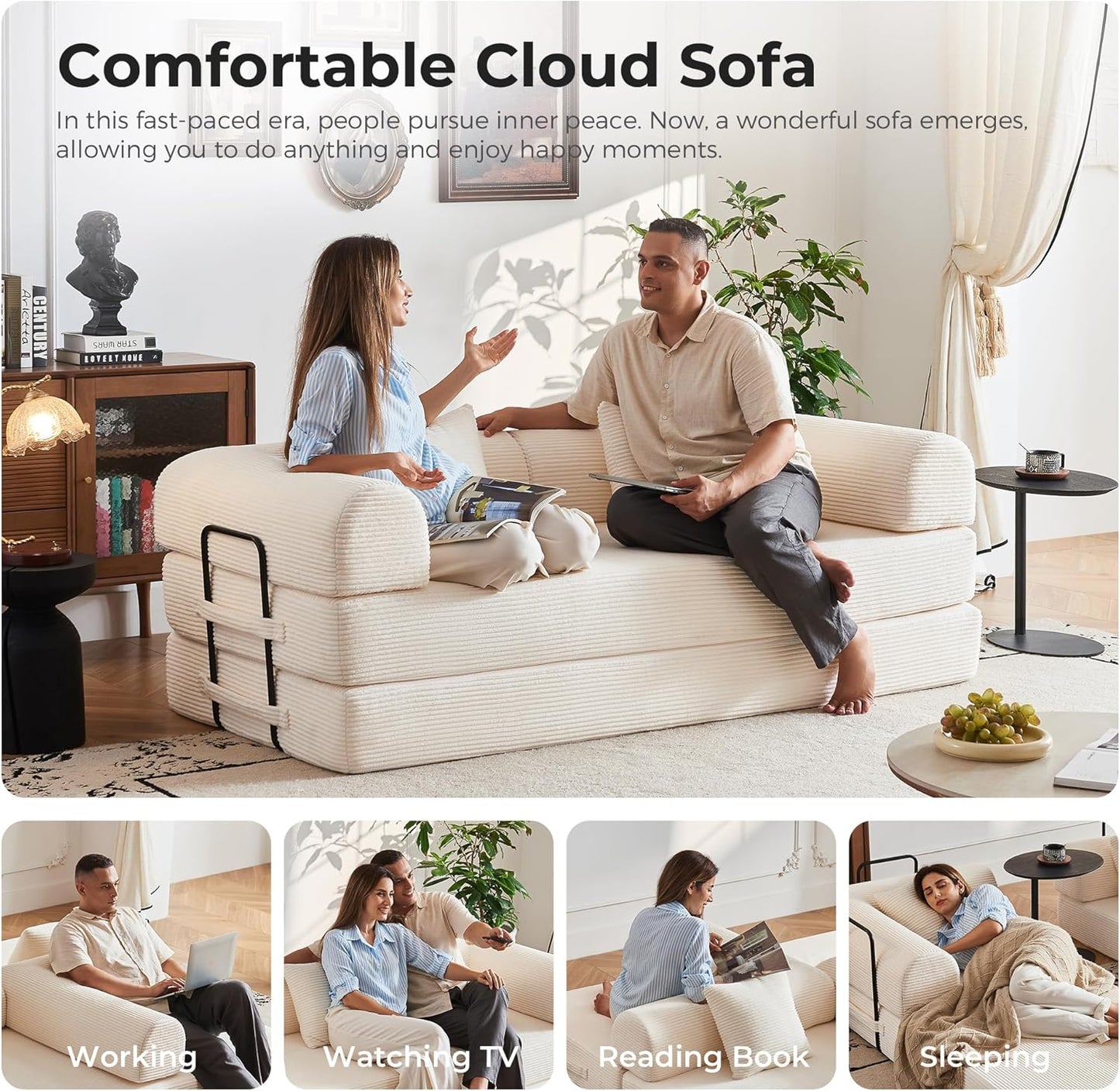 79" Convertible Sofa Bed, Modular Corduroy Couch with Memory Foam for Small Spaces