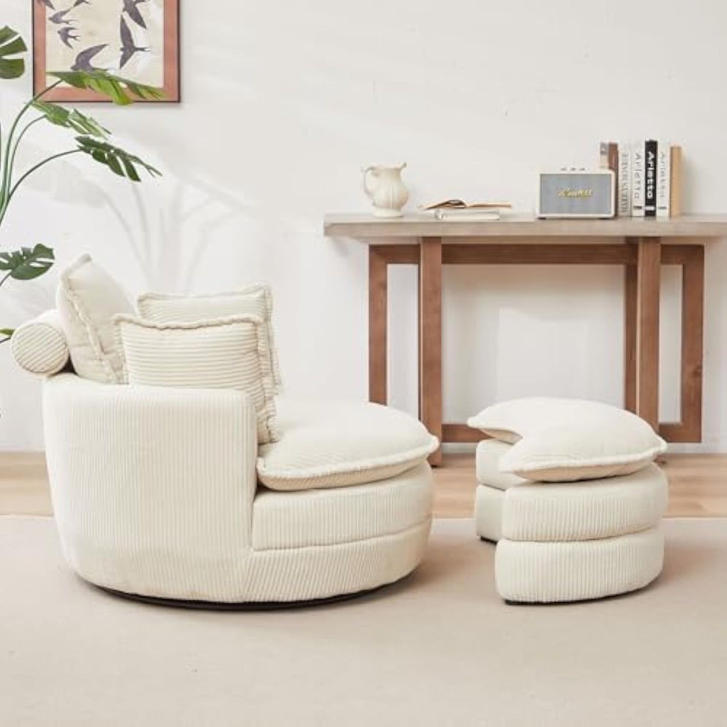 38" Oversized Swivel Barrel Chair with Storage Ottoman, Corduroy Cuddle Lounge Chair with 4 Pillows for Living Room & Bedroom