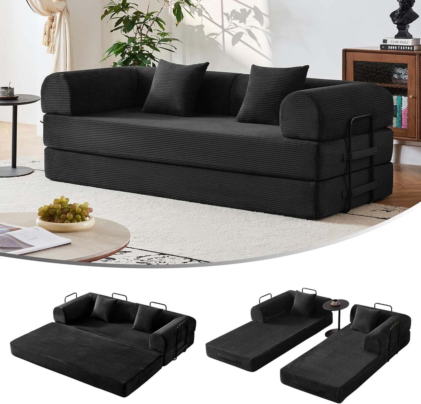 79" Convertible Sofa Bed, Modular Corduroy Couch with Memory Foam for Small Spaces