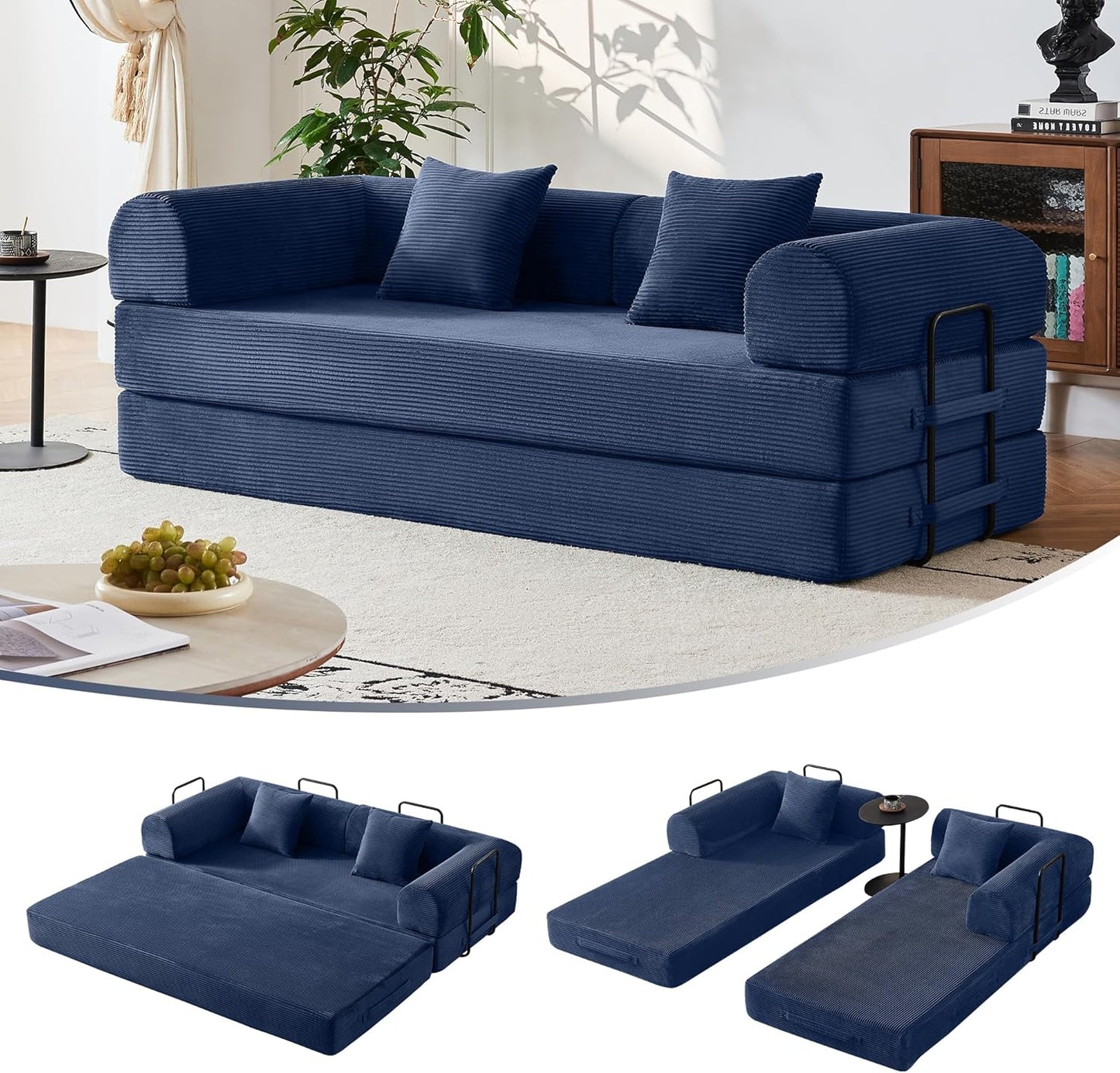 79" Convertible Sofa Bed, Modular Corduroy Couch with Memory Foam for Small Spaces