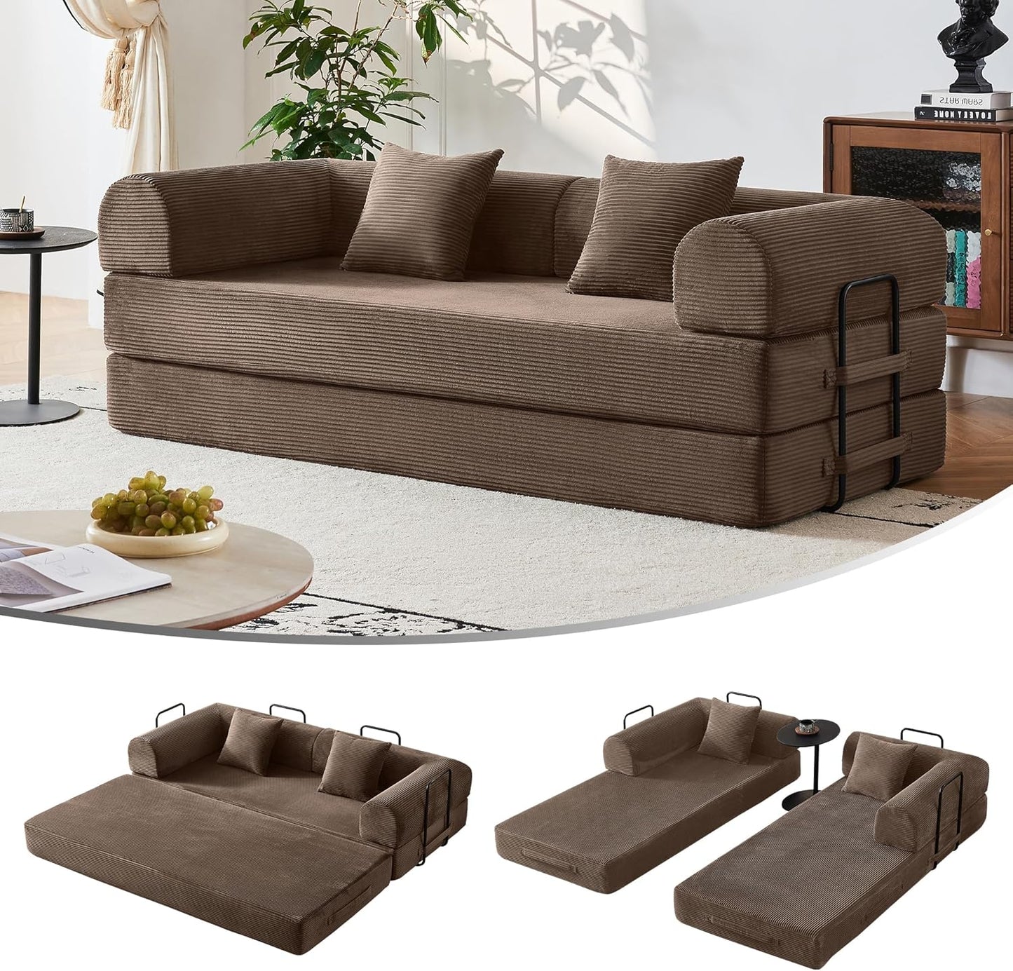 79" Convertible Sofa Bed, Modular Corduroy Couch with Memory Foam for Small Spaces