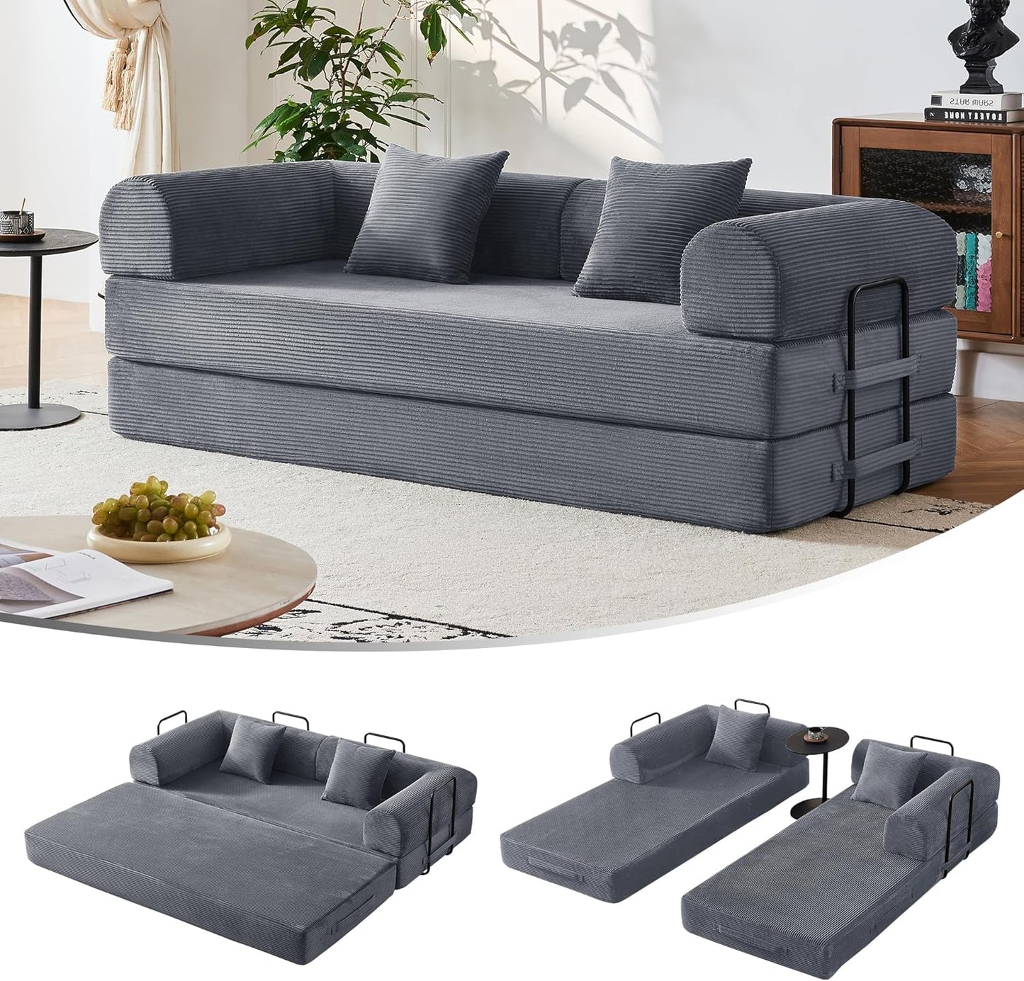 79" Convertible Sofa Bed, Modular Corduroy Couch with Memory Foam for Small Spaces