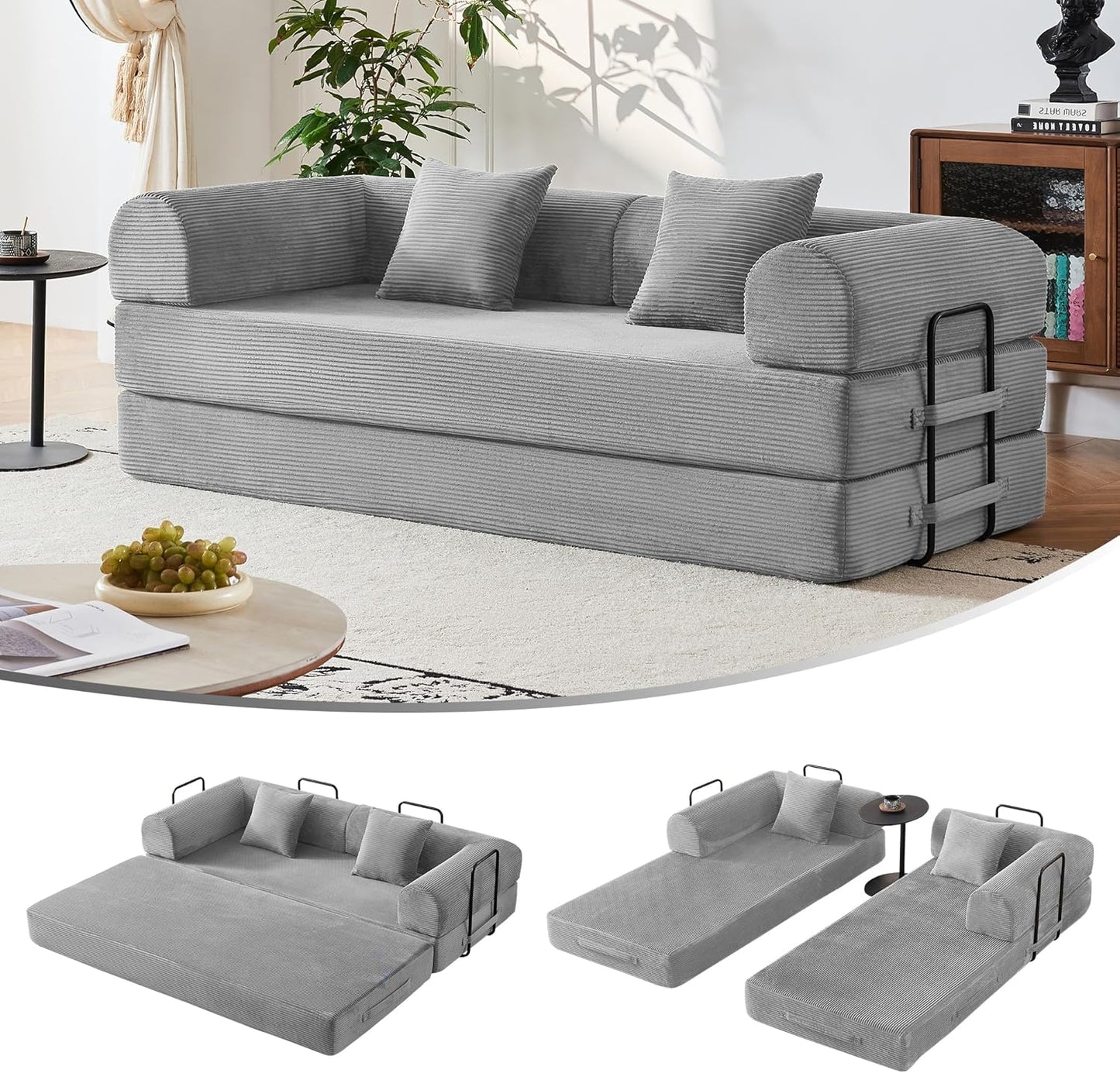79" Convertible Sofa Bed, Modular Corduroy Couch with Memory Foam for Small Spaces