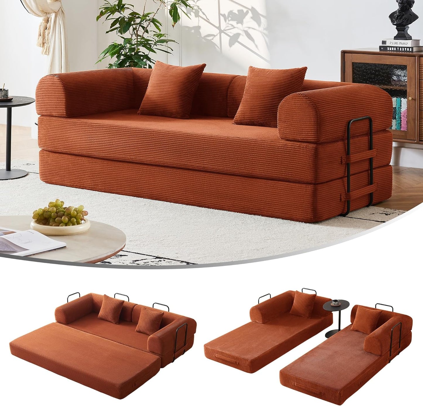 79" Convertible Sofa Bed, Modular Corduroy Couch with Memory Foam for Small Spaces