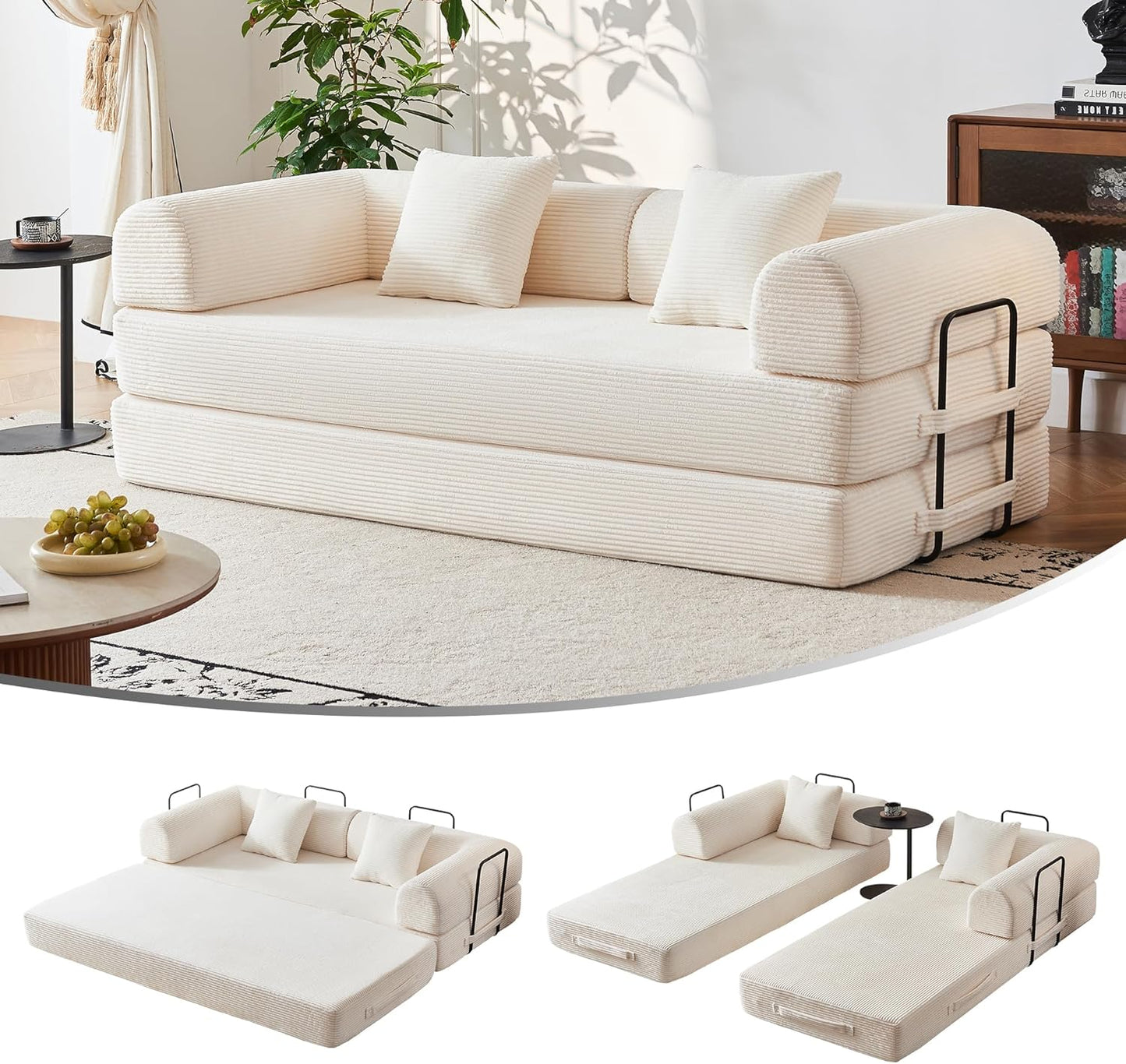 79" Convertible Sofa Bed, Modular Corduroy Couch with Memory Foam for Small Spaces