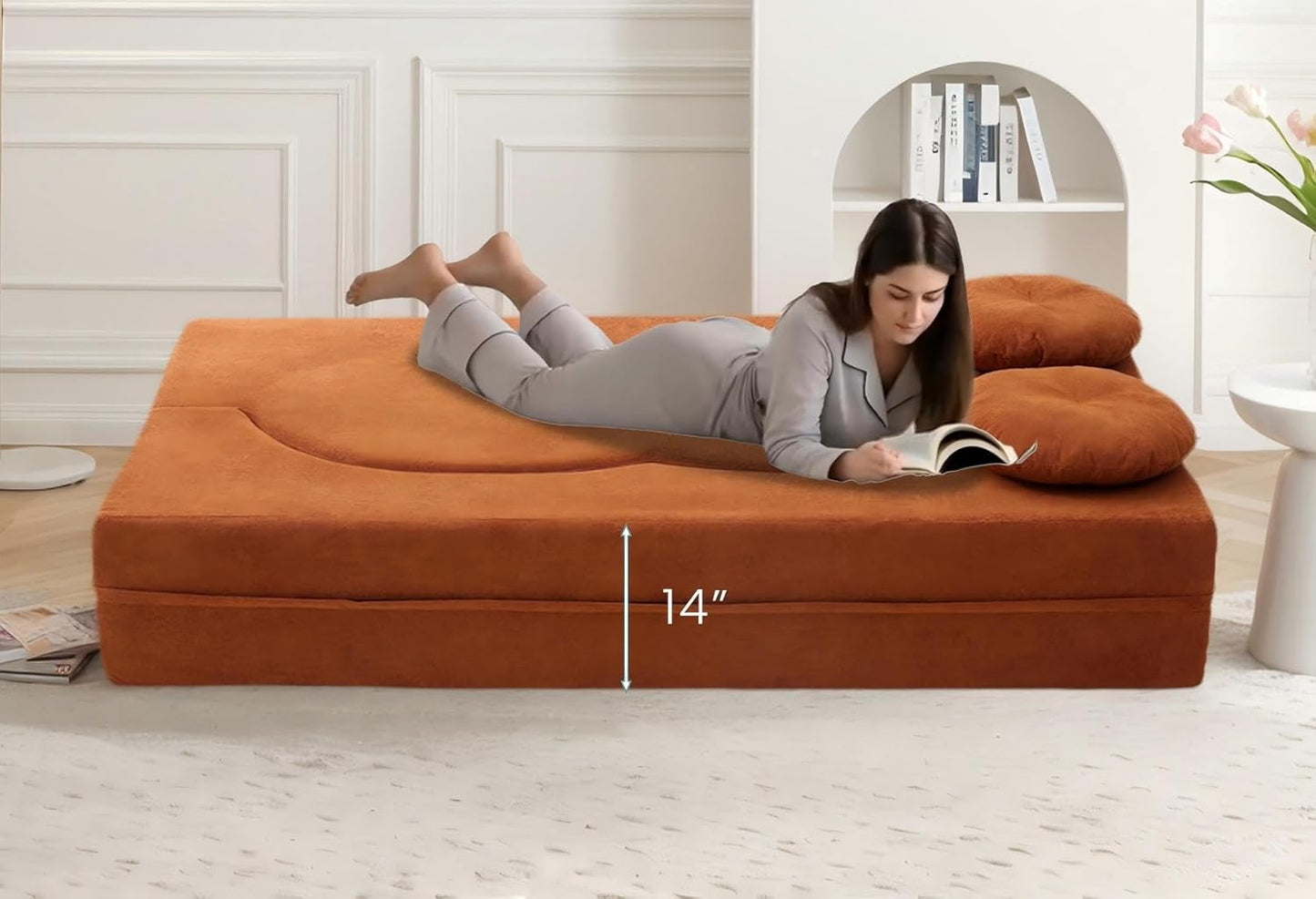 76" Convertible Futon Sofa Bed with 2 Pillows, Teddy Fabric 2-in-1 Floor Loveseat Sleeper, No Assembly