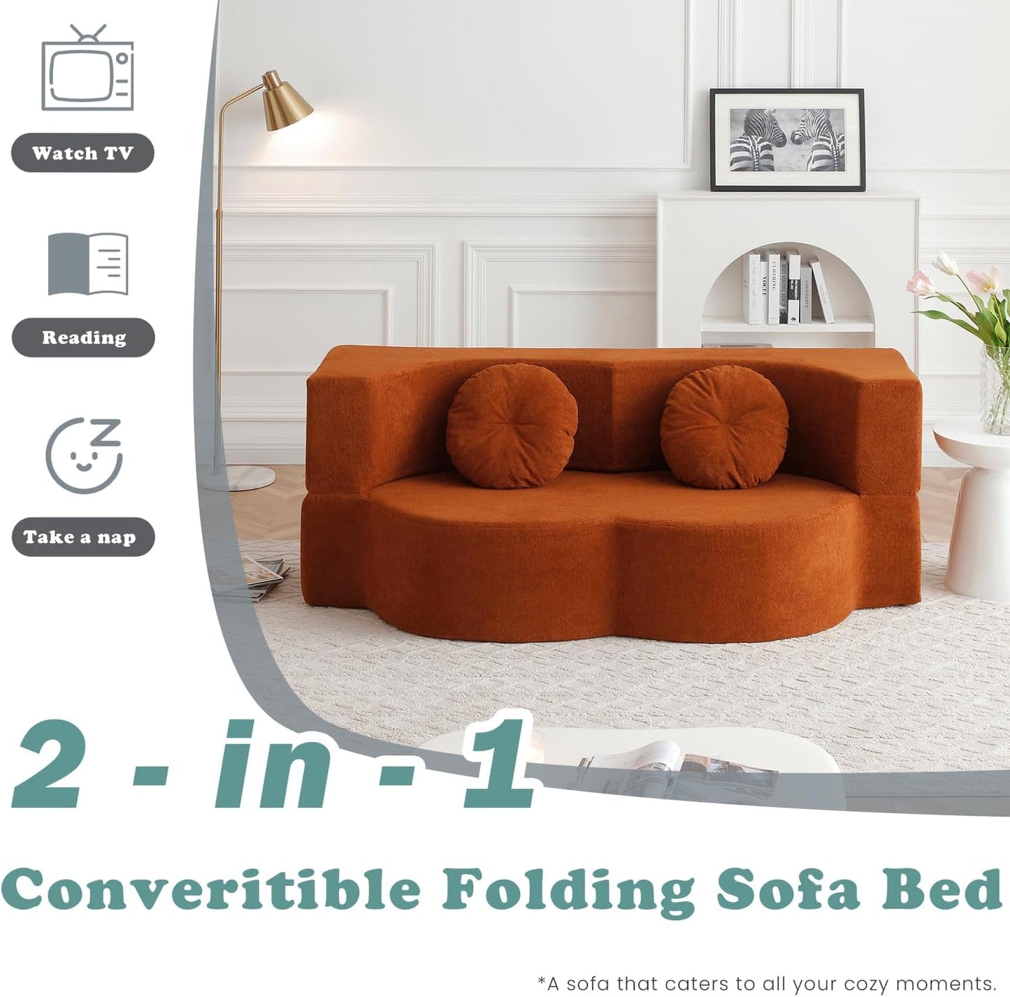 76" Convertible Futon Sofa Bed with 2 Pillows, Teddy Fabric 2-in-1 Floor Loveseat Sleeper, No Assembly