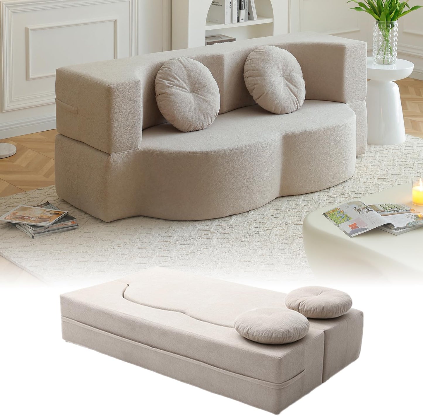 76" Convertible Futon Sofa Bed with 2 Pillows, Teddy Fabric 2-in-1 Floor Loveseat Sleeper, No Assembly