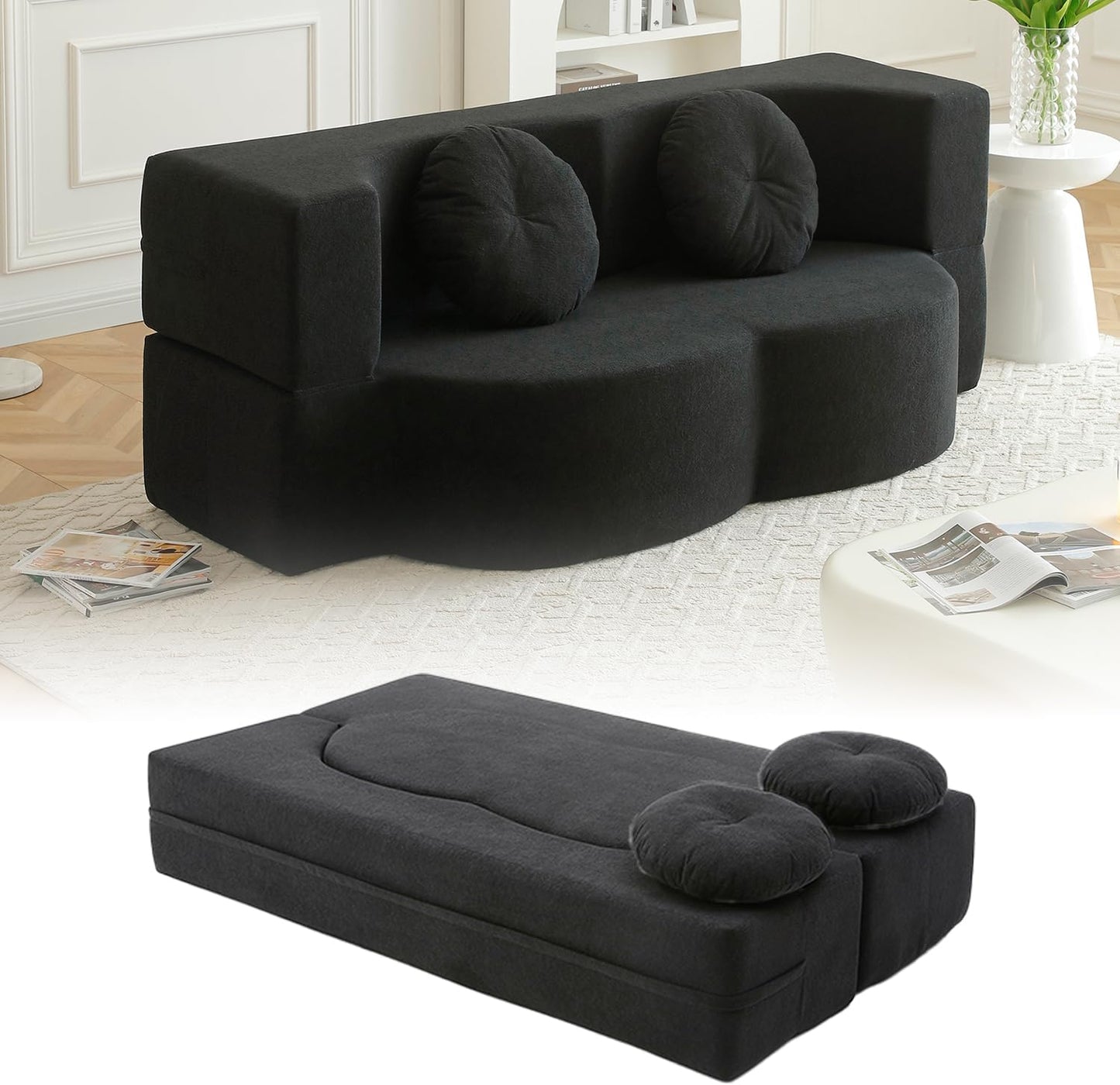 76" Convertible Futon Sofa Bed with 2 Pillows, Teddy Fabric 2-in-1 Floor Loveseat Sleeper, No Assembly