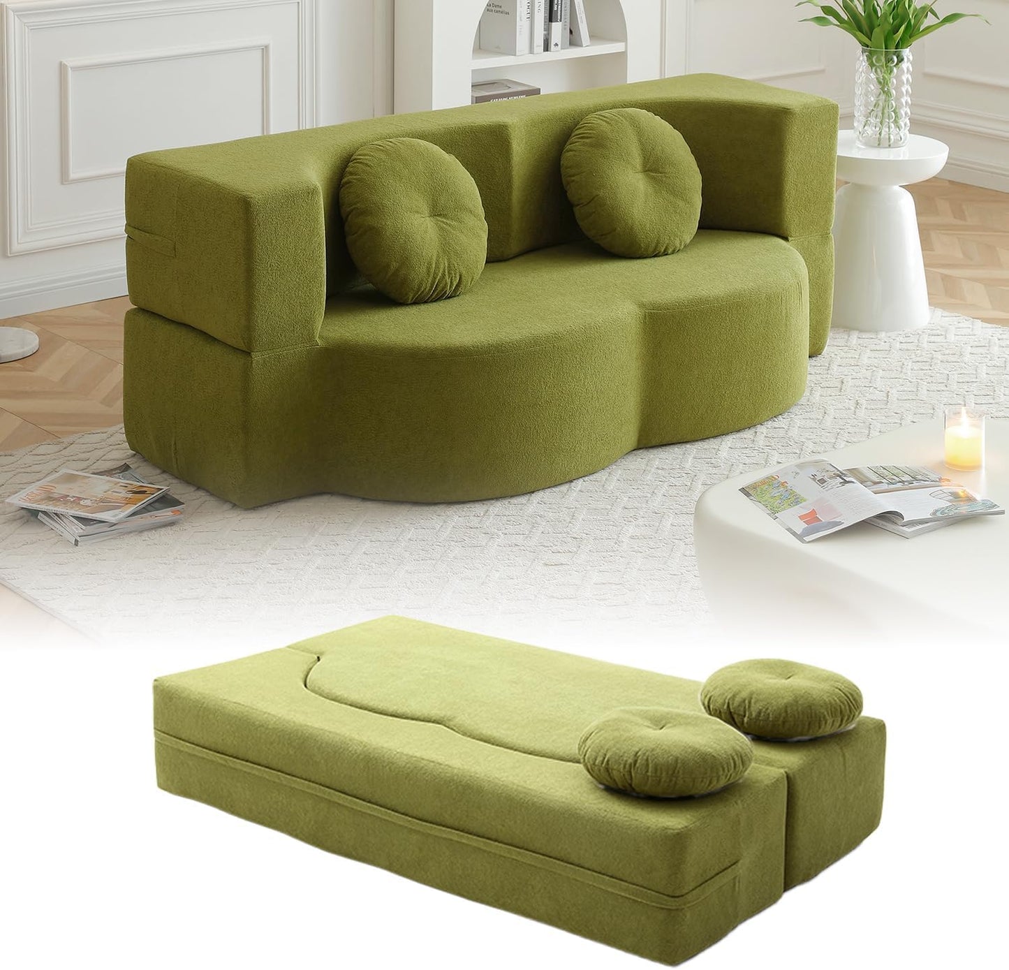 76" Convertible Futon Sofa Bed with 2 Pillows, Teddy Fabric 2-in-1 Floor Loveseat Sleeper, No Assembly