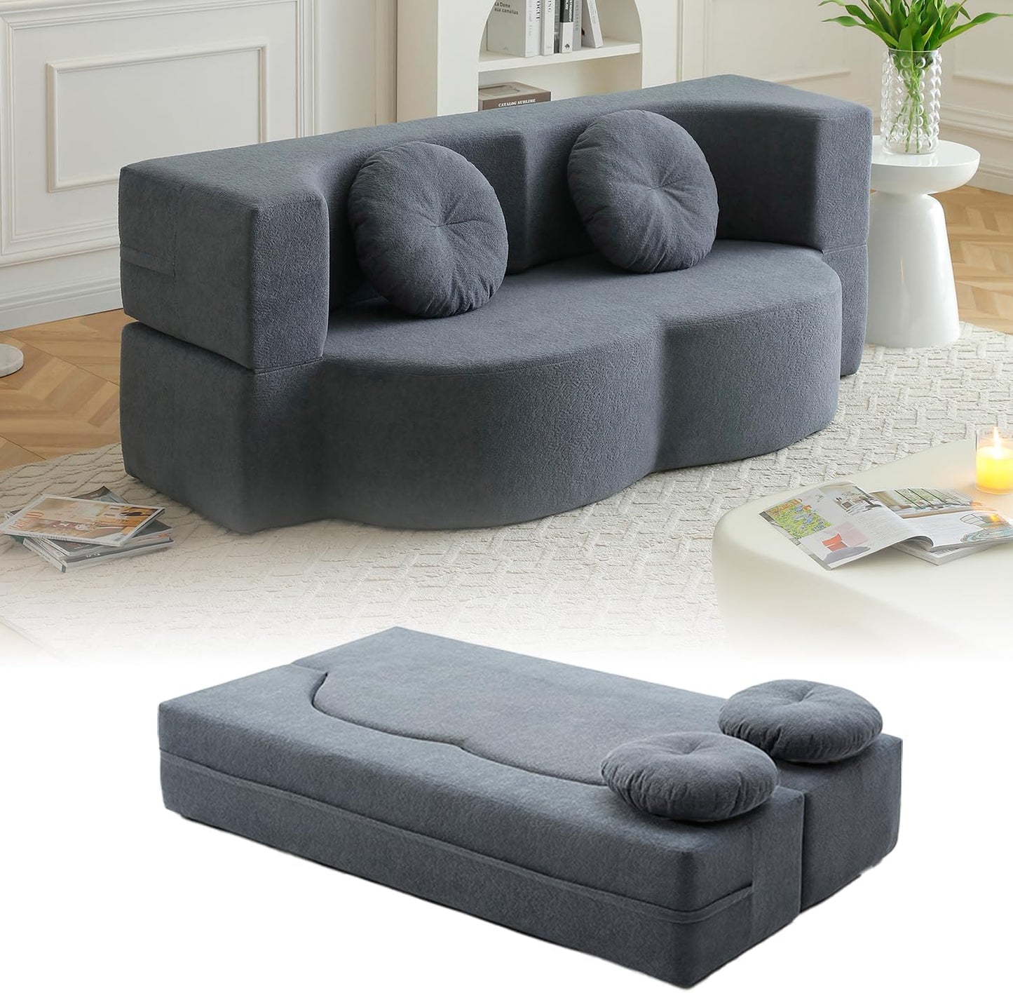 76" Convertible Futon Sofa Bed with 2 Pillows, Teddy Fabric 2-in-1 Floor Loveseat Sleeper, No Assembly