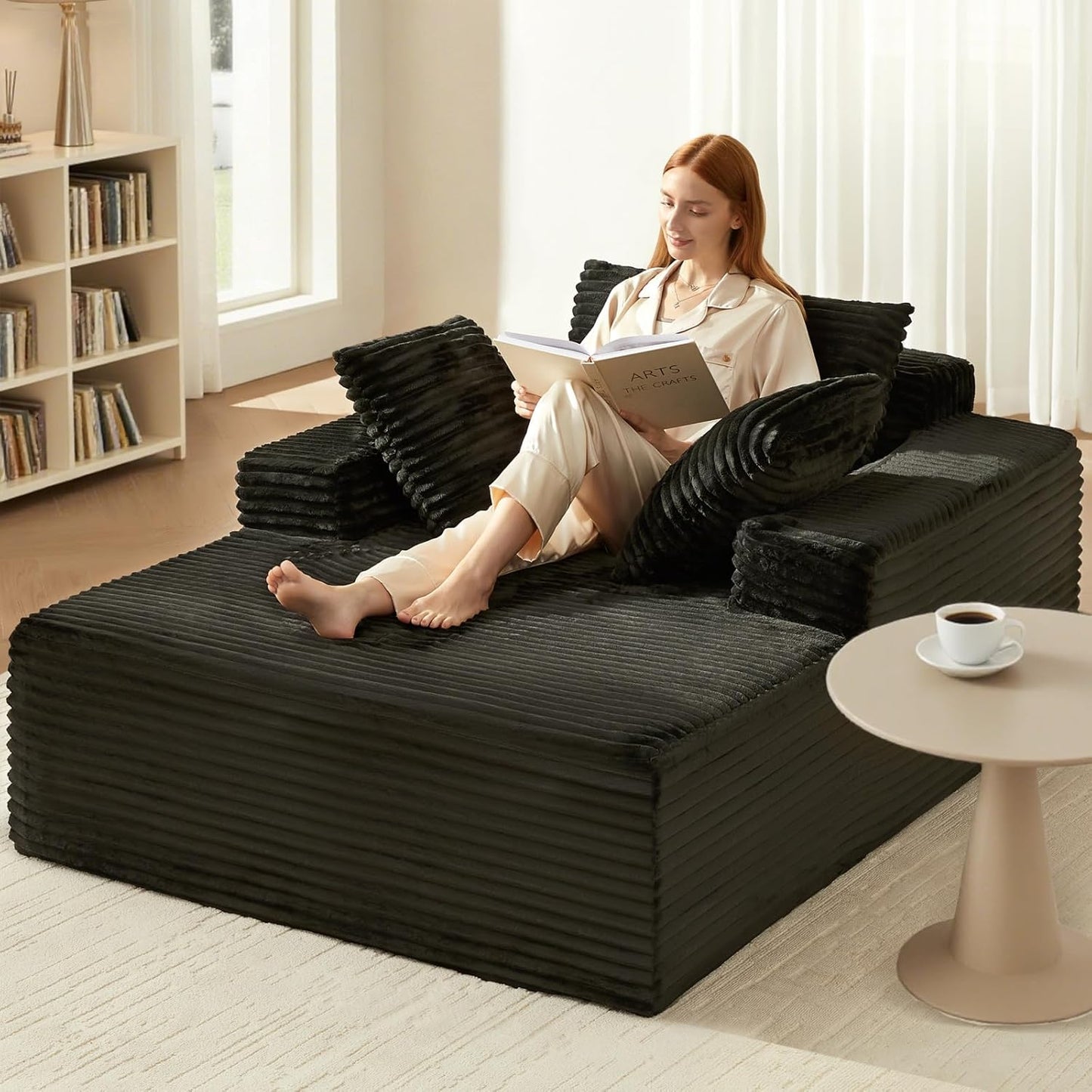 63" Oversized Chaise Lounge Chair, Comfy Corduroy Floor Couch for Living Room, Deep Seat Sleeper, No Assembly Required