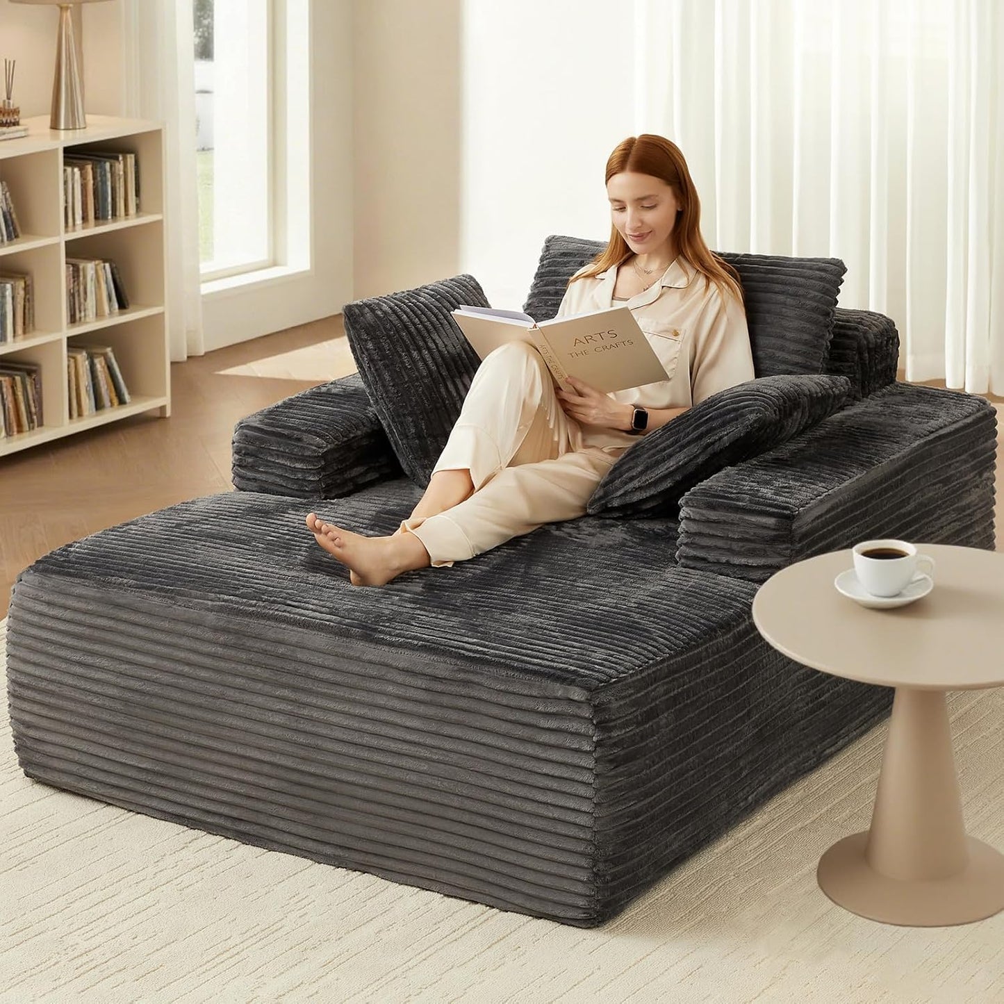 63" Oversized Chaise Lounge Chair, Comfy Corduroy Floor Couch for Living Room, Deep Seat Sleeper, No Assembly Required