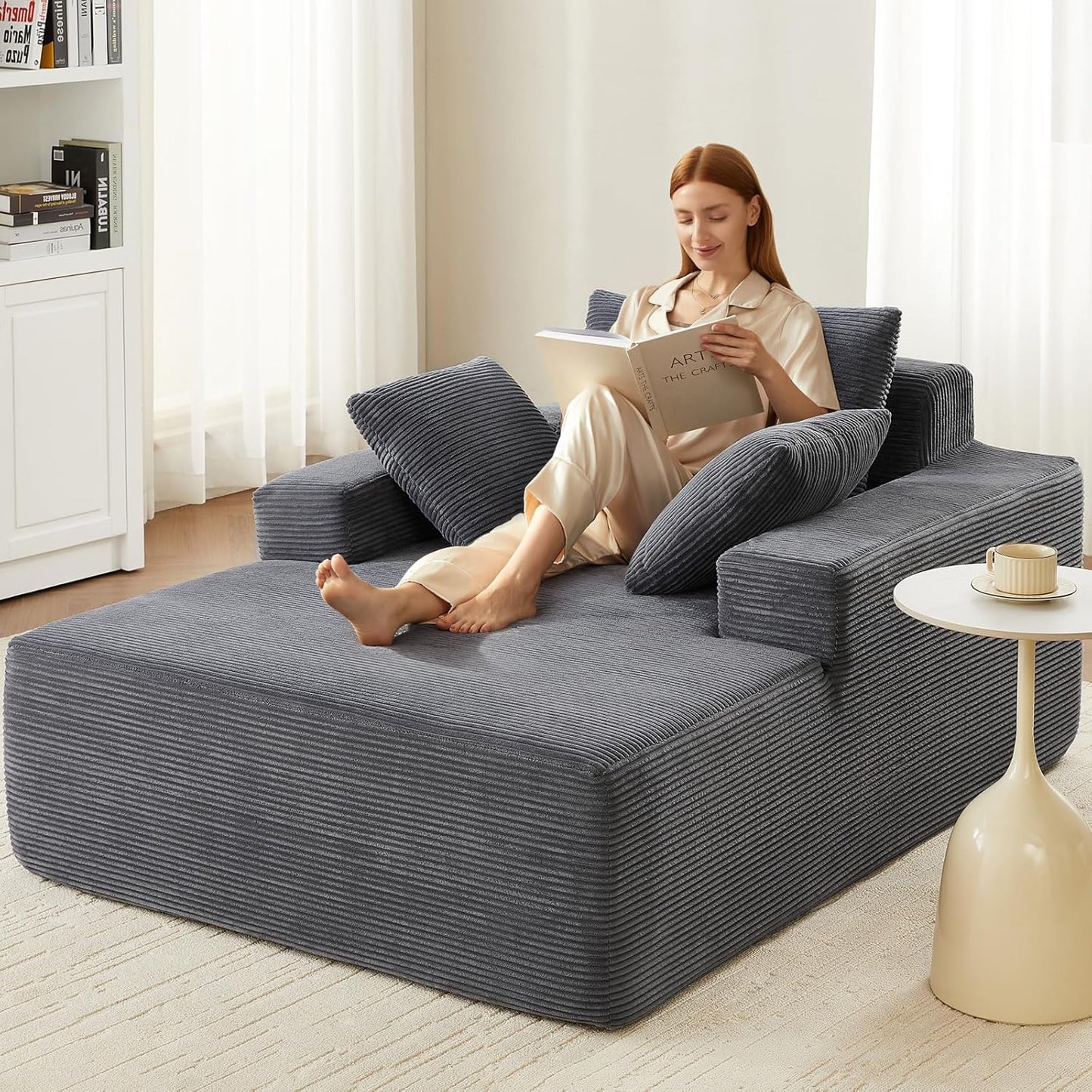 63" Oversized Chaise Lounge Chair, Comfy Corduroy Floor Couch for Living Room, Deep Seat Sleeper, No Assembly Required