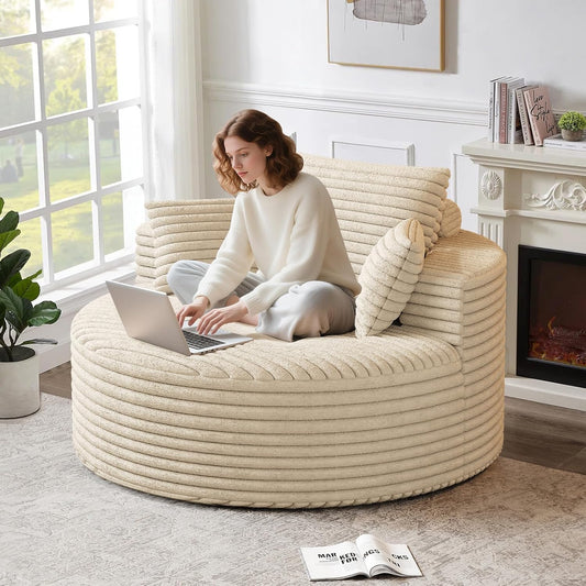 50'' Oversized Round Chaise Lounge Chair, Corduroy Deep Seat Cloud Sofa, No Assembly Circle Couch for Living Room or Bedroom