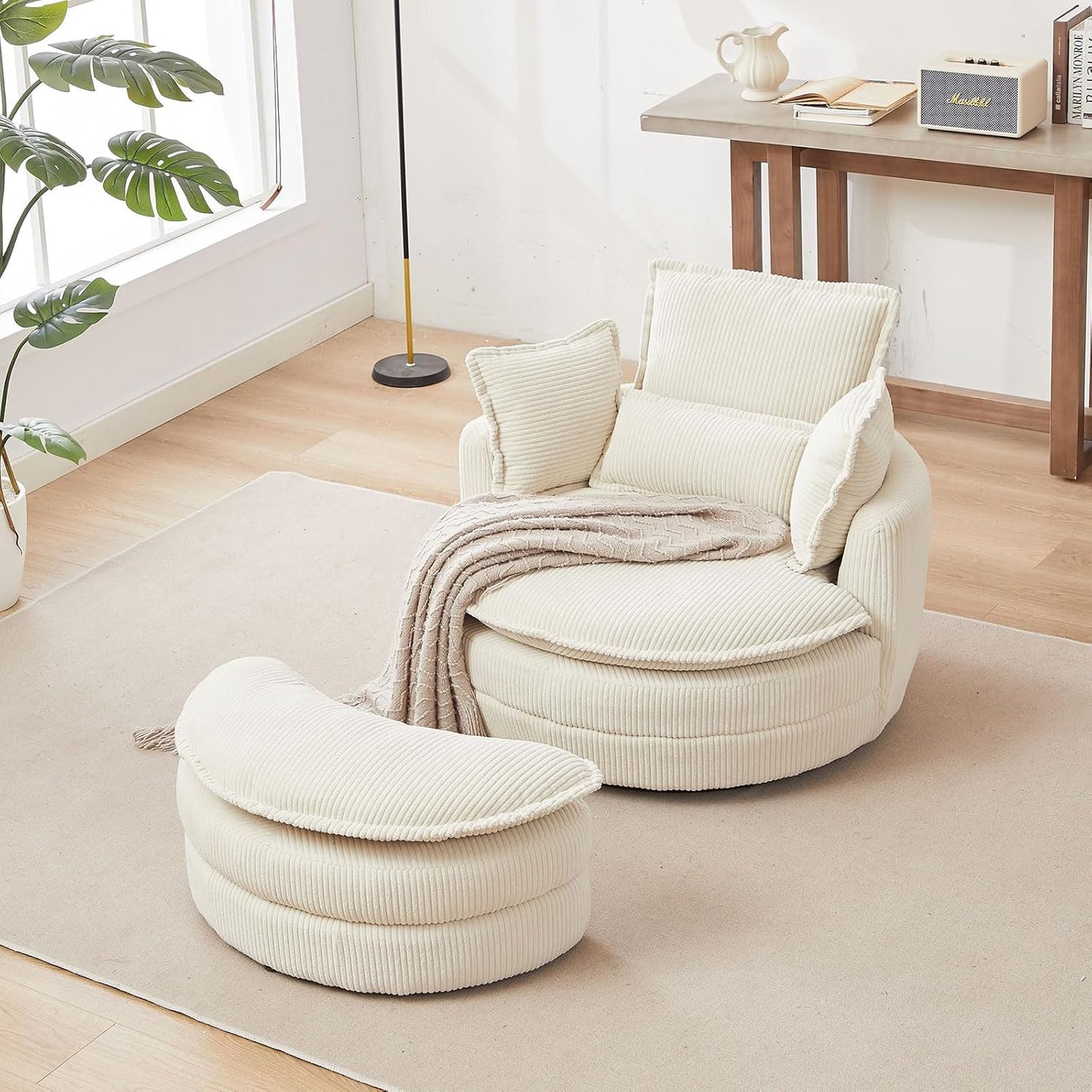 38" Oversized Swivel Barrel Chair with Storage Ottoman, Corduroy Cuddle Lounge Chair with 4 Pillows for Living Room & Bedroom