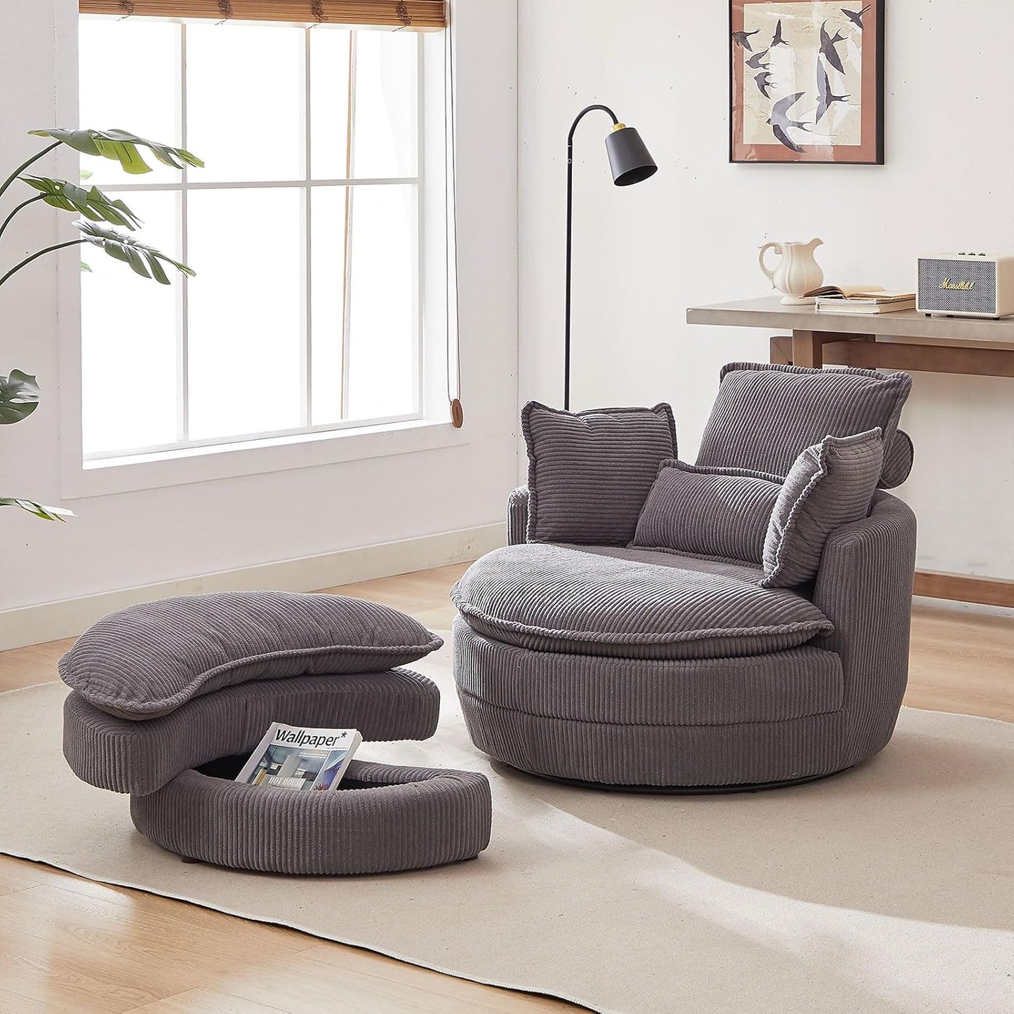 38" Oversized Swivel Barrel Chair with Storage Ottoman, Corduroy Cuddle Lounge Chair with 4 Pillows for Living Room & Bedroom