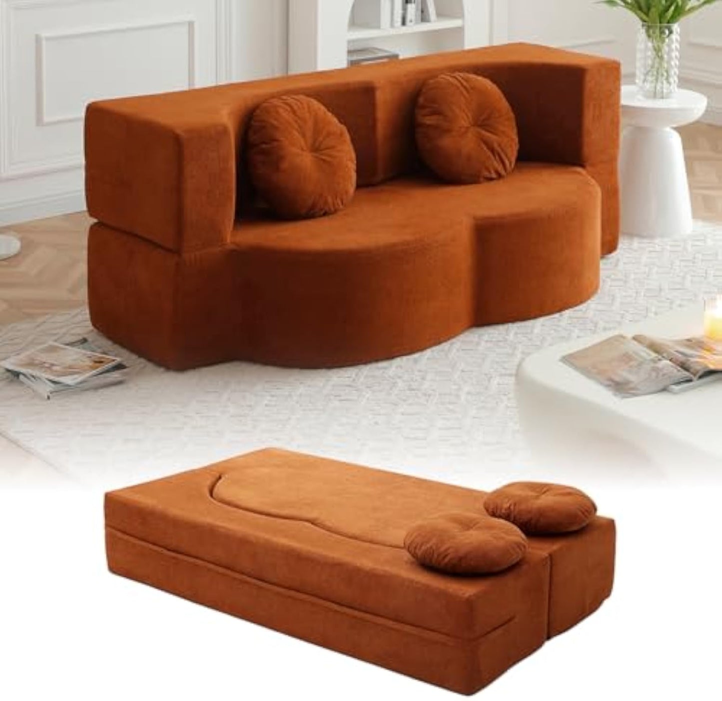 76" Convertible Futon Sofa Bed with 2 Pillows, Teddy Fabric 2-in-1 Floor Loveseat Sleeper, No Assembly