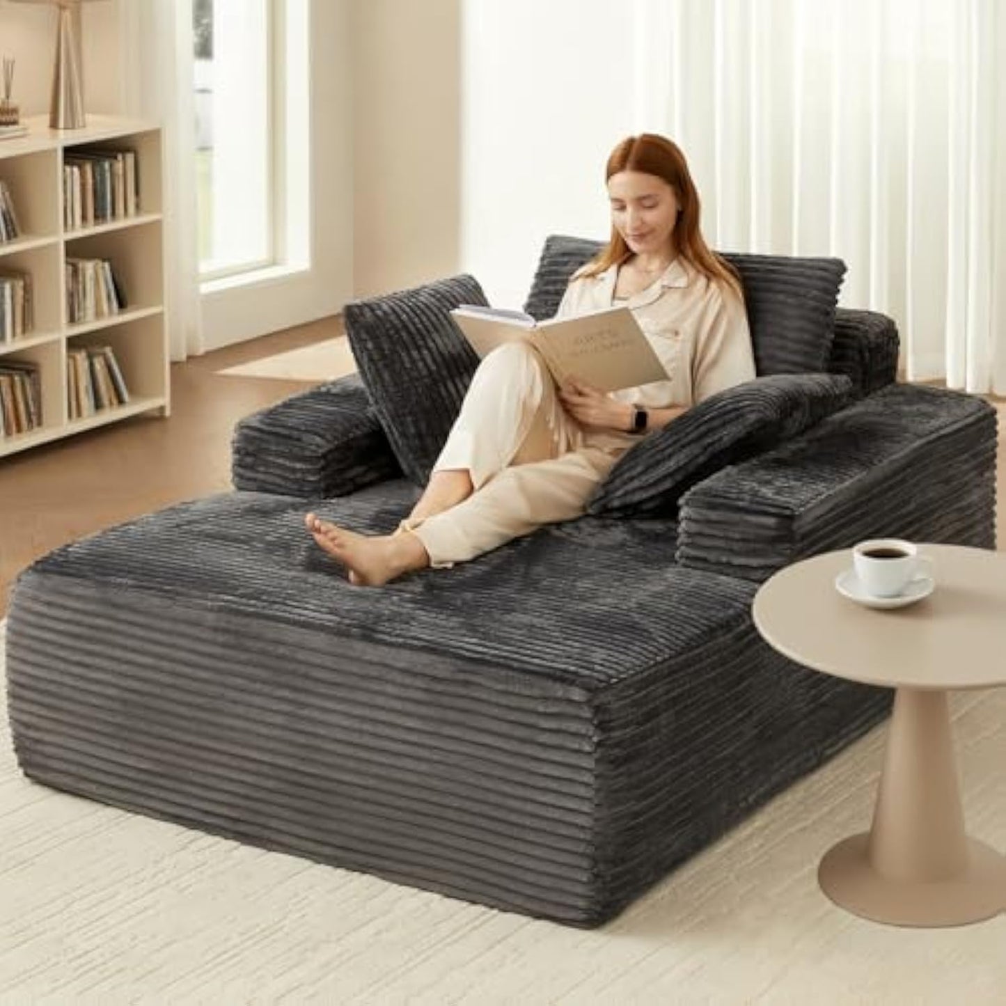 63" Oversized Chaise Lounge Chair, Comfy Corduroy Floor Couch for Living Room, Deep Seat Sleeper, No Assembly Required