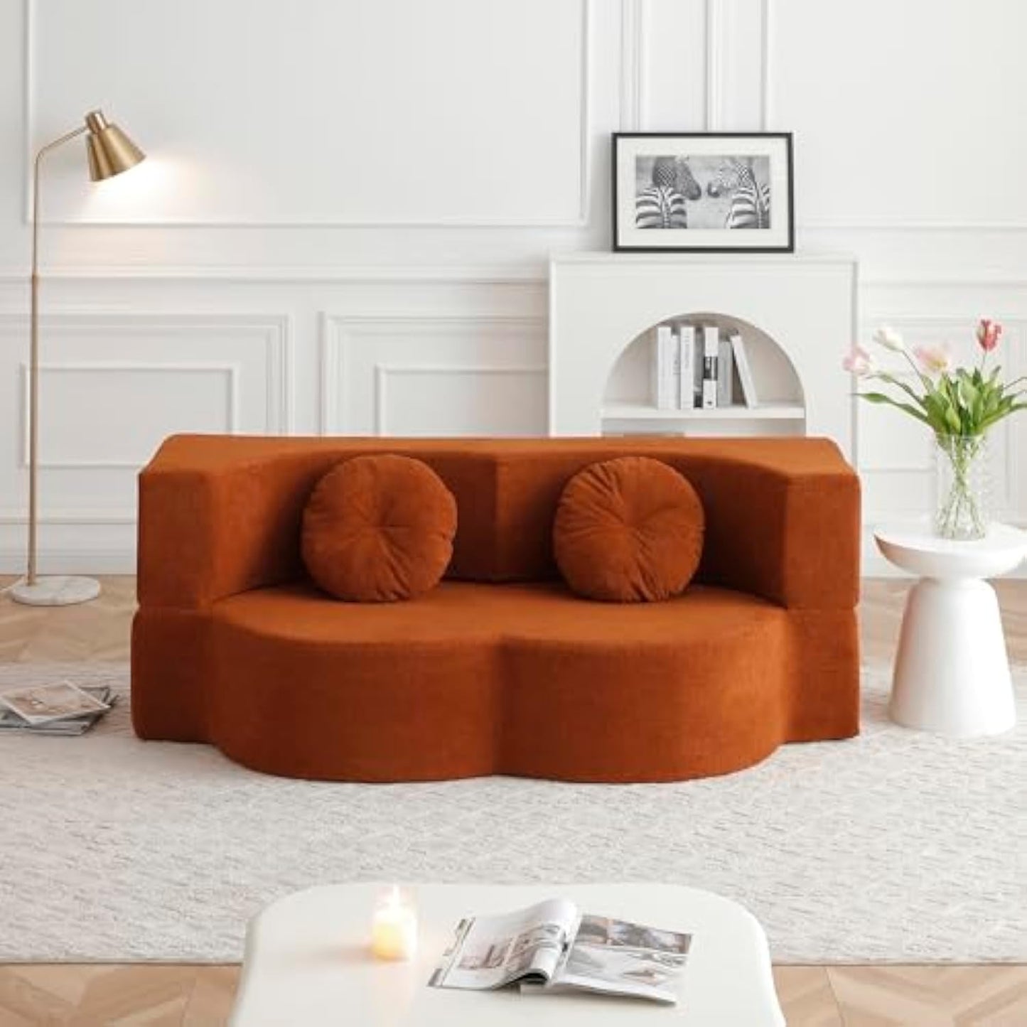 76" Convertible Futon Sofa Bed with 2 Pillows, Teddy Fabric 2-in-1 Floor Loveseat Sleeper, No Assembly