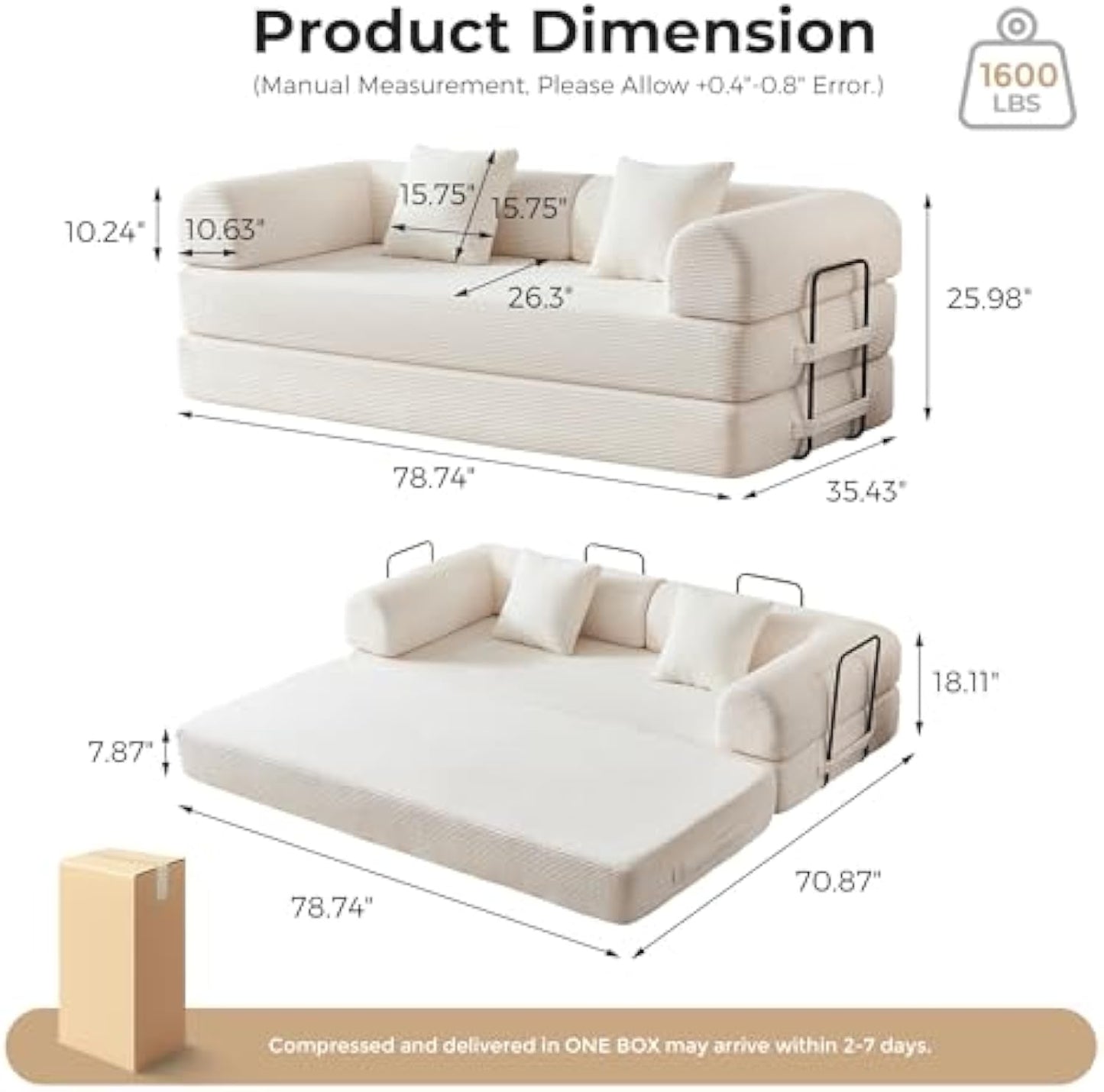 79" Convertible Sofa Bed, Modular Corduroy Couch with Memory Foam for Small Spaces