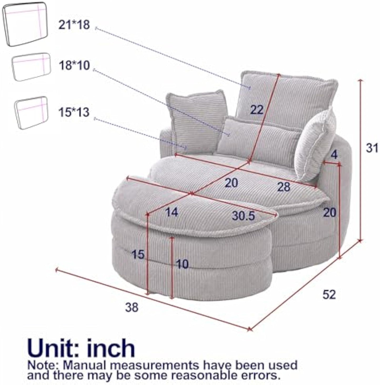 38" Oversized Swivel Barrel Chair with Storage Ottoman, Corduroy Cuddle Lounge Chair with 4 Pillows for Living Room & Bedroom