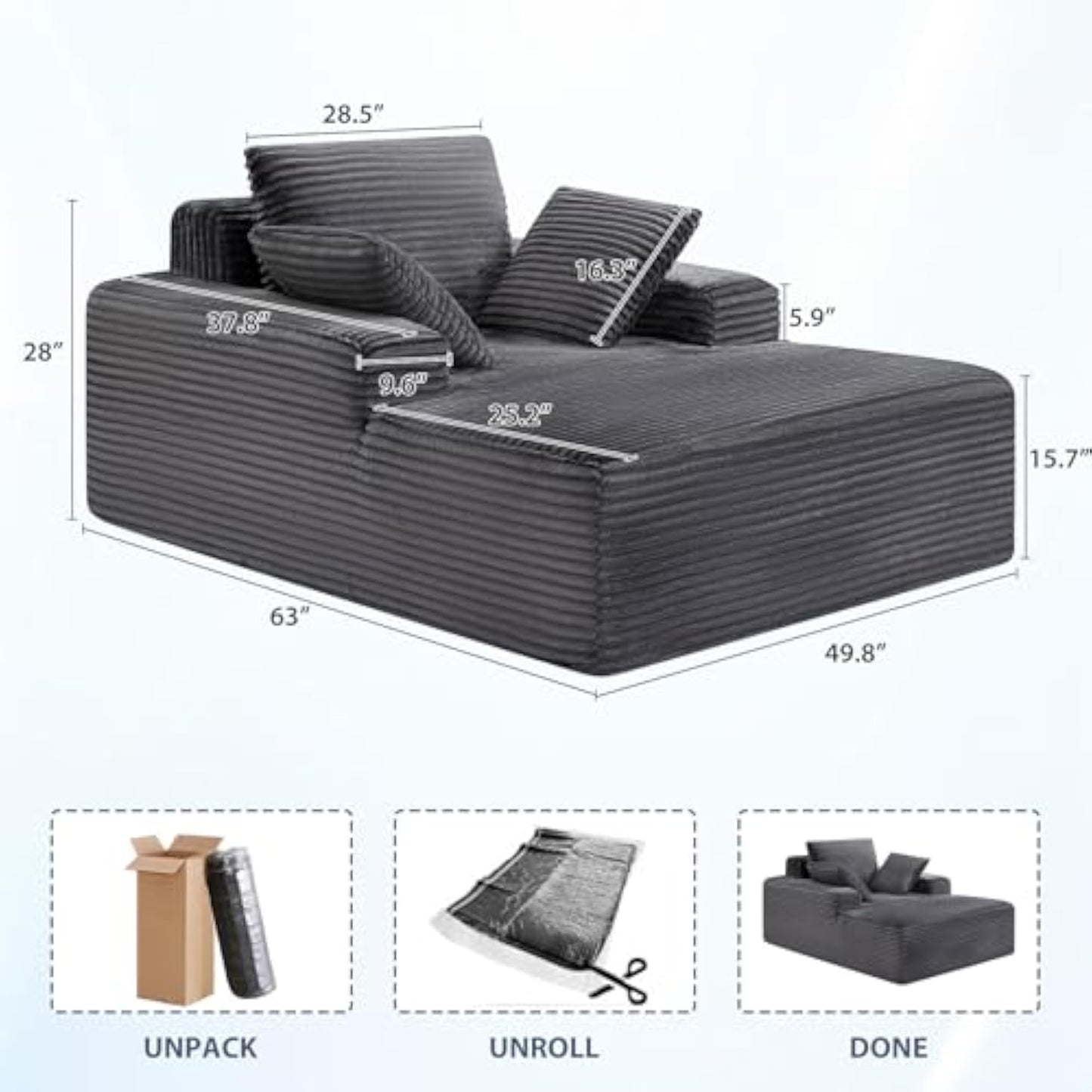 63" Oversized Chaise Lounge Chair, Comfy Corduroy Floor Couch for Living Room, Deep Seat Sleeper, No Assembly Required