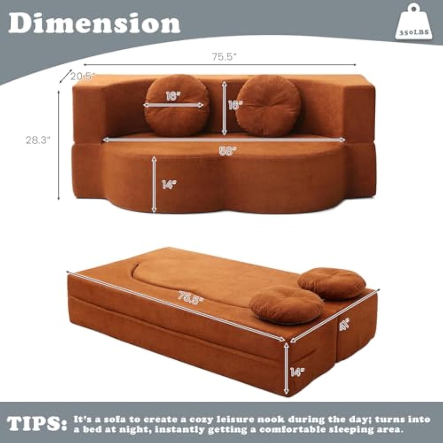 76" Convertible Futon Sofa Bed with 2 Pillows, Teddy Fabric 2-in-1 Floor Loveseat Sleeper, No Assembly