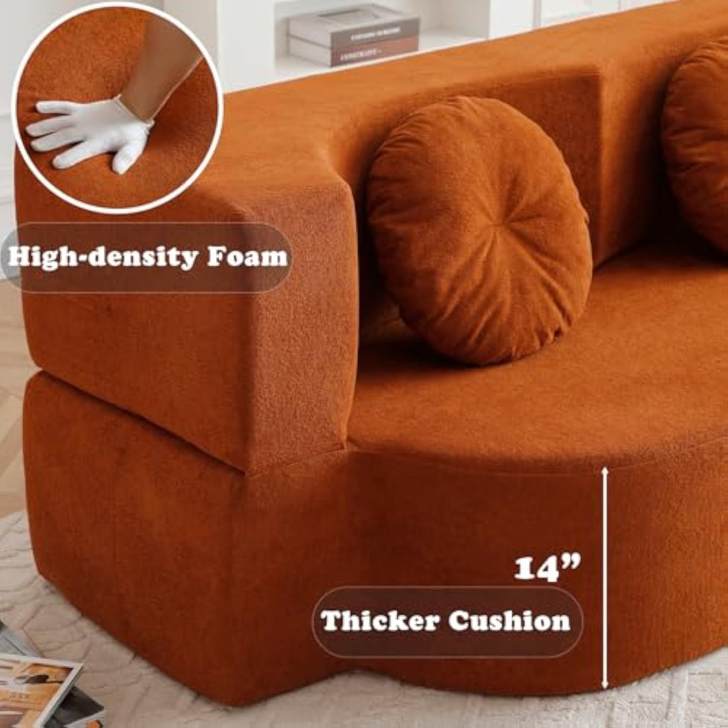 76" Convertible Futon Sofa Bed with 2 Pillows, Teddy Fabric 2-in-1 Floor Loveseat Sleeper, No Assembly