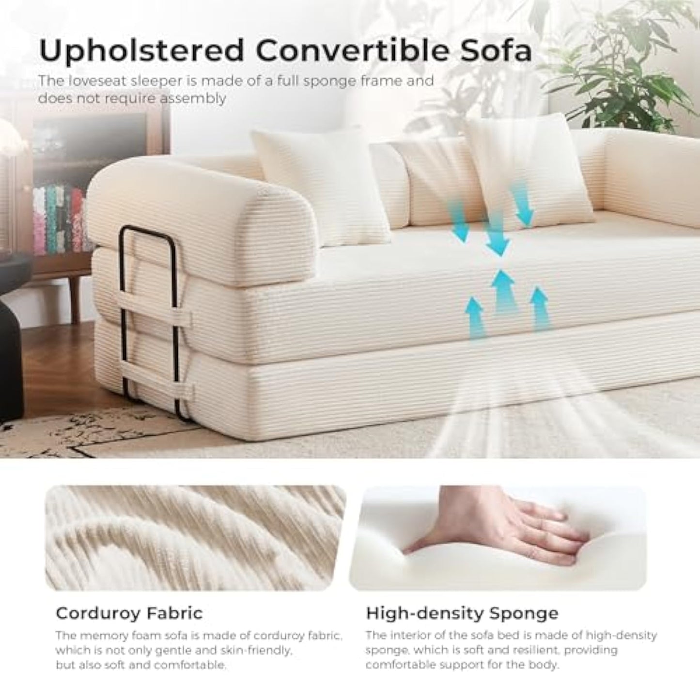 79" Convertible Sofa Bed, Modular Corduroy Couch with Memory Foam for Small Spaces
