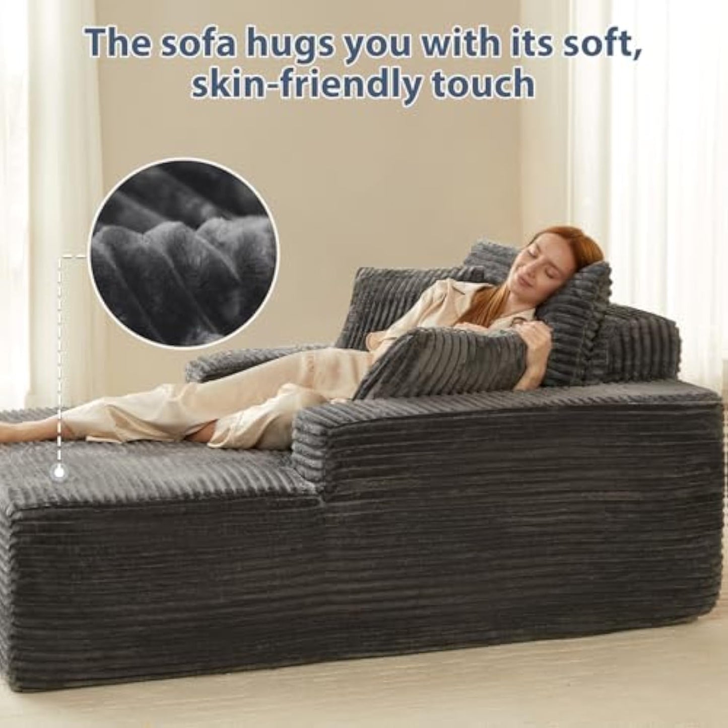 63" Oversized Chaise Lounge Chair, Comfy Corduroy Floor Couch for Living Room, Deep Seat Sleeper, No Assembly Required