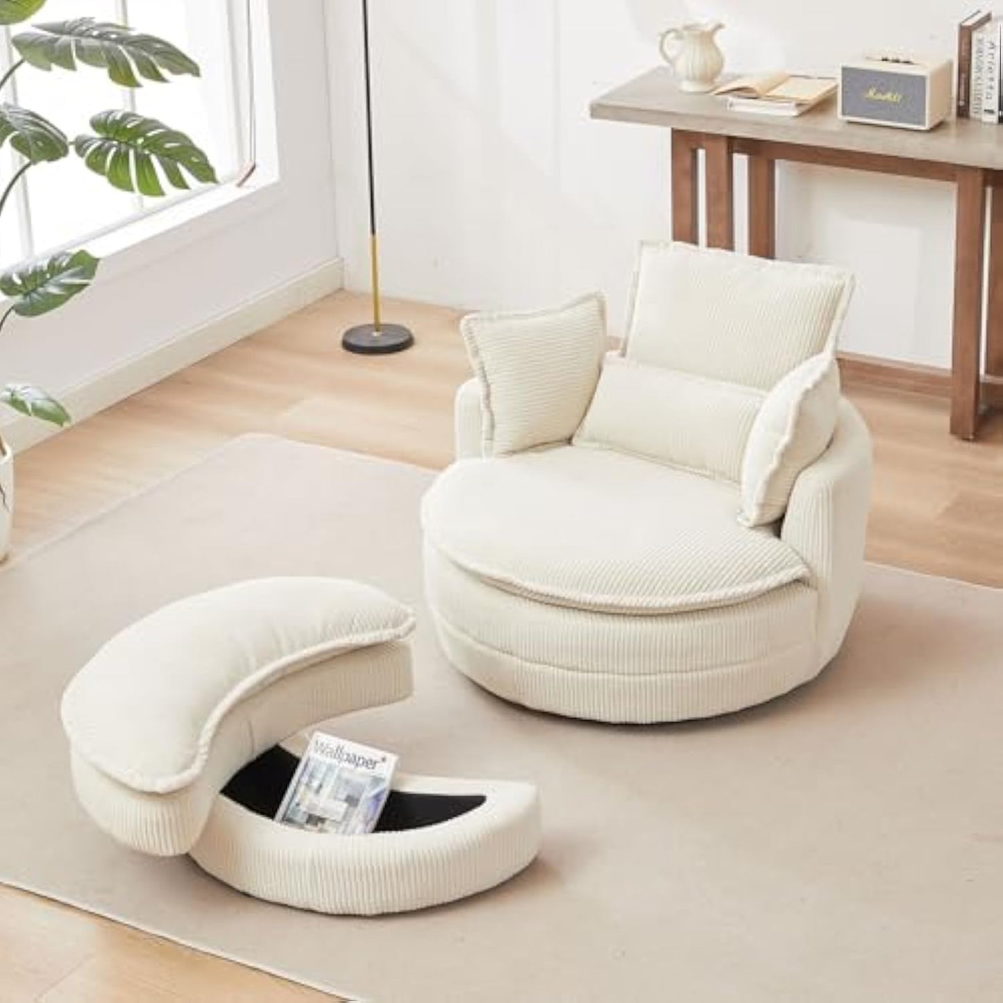 38" Oversized Swivel Barrel Chair with Storage Ottoman, Corduroy Cuddle Lounge Chair with 4 Pillows for Living Room & Bedroom