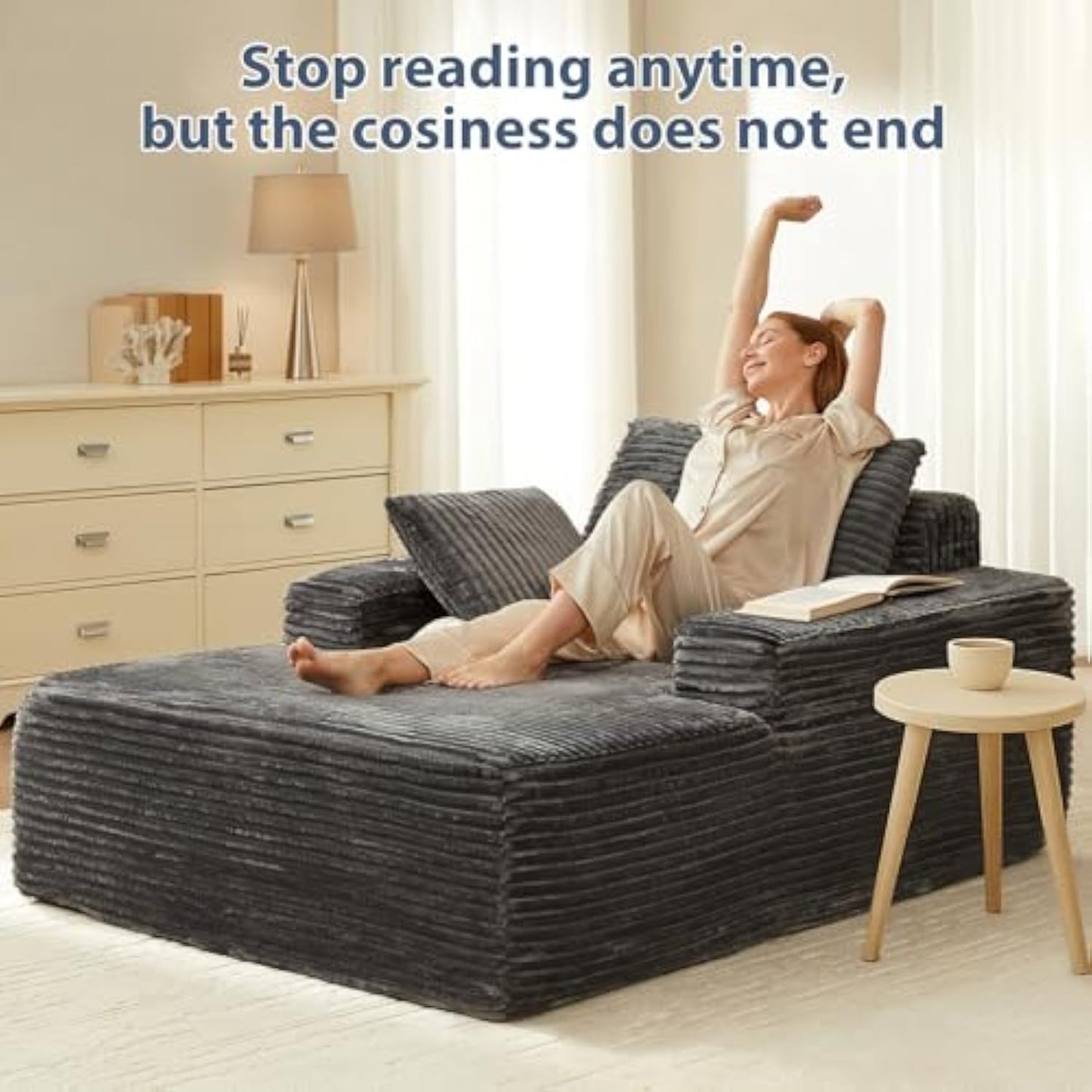 63" Oversized Chaise Lounge Chair, Comfy Corduroy Floor Couch for Living Room, Deep Seat Sleeper, No Assembly Required