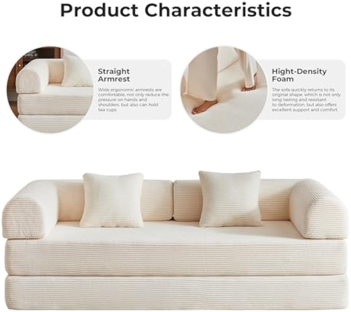 79" Convertible Sofa Bed, Modular Corduroy Couch with Memory Foam for Small Spaces