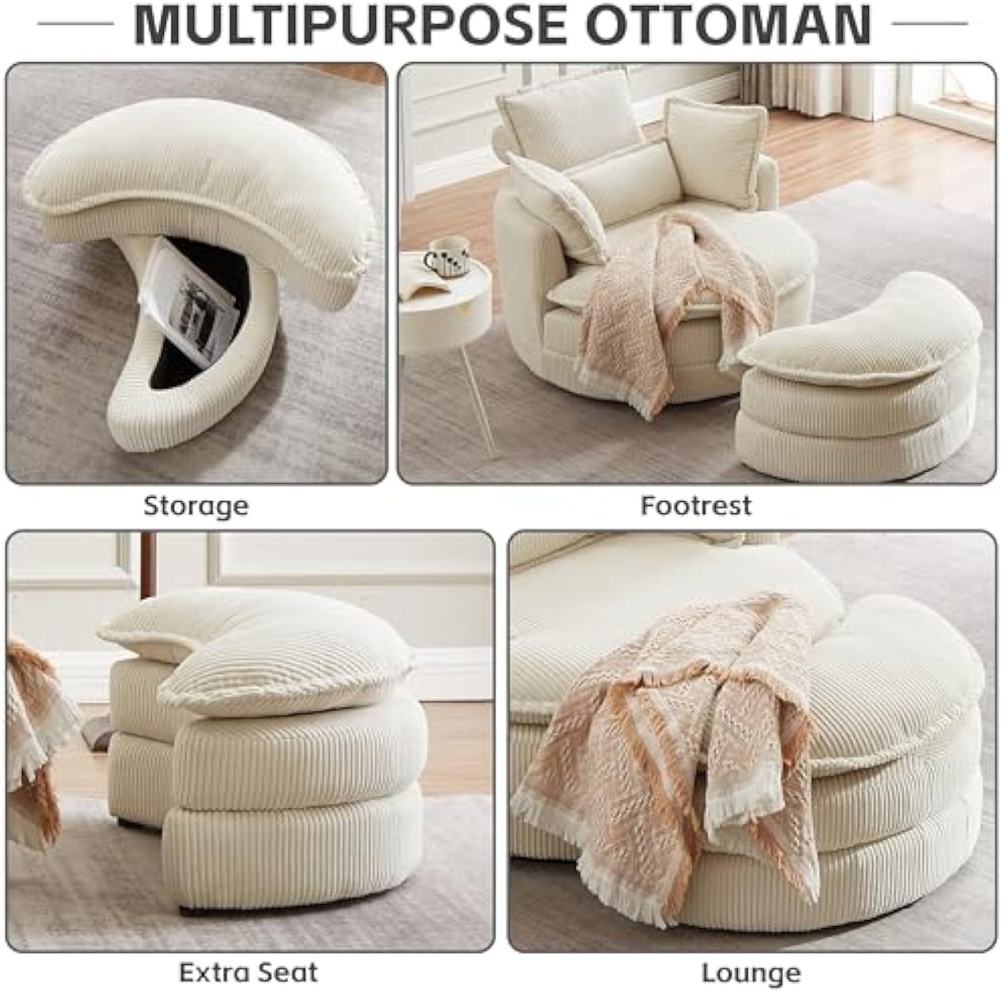 38" Oversized Swivel Barrel Chair with Storage Ottoman, Corduroy Cuddle Lounge Chair with 4 Pillows for Living Room & Bedroom