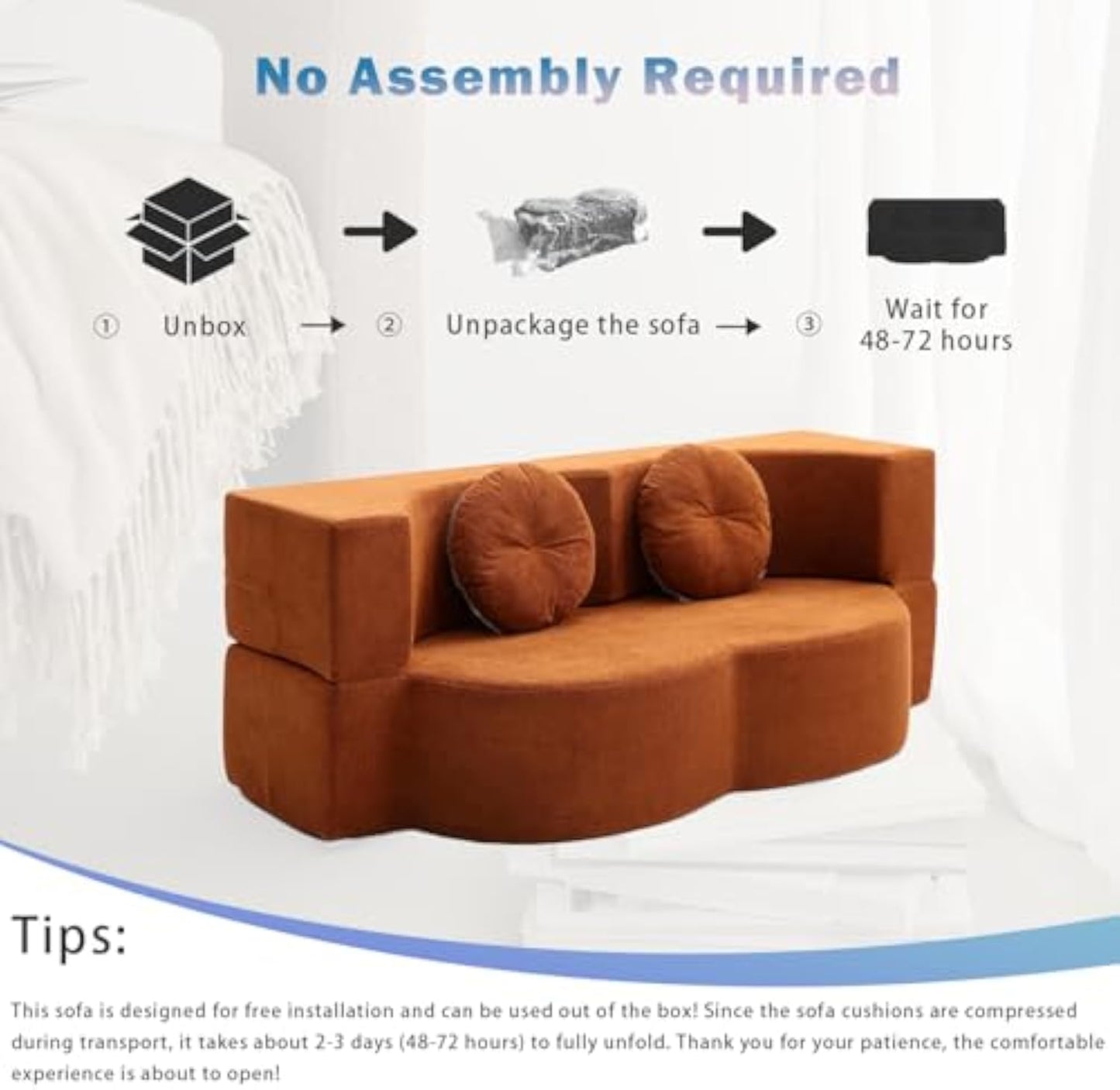 76" Convertible Futon Sofa Bed with 2 Pillows, Teddy Fabric 2-in-1 Floor Loveseat Sleeper, No Assembly