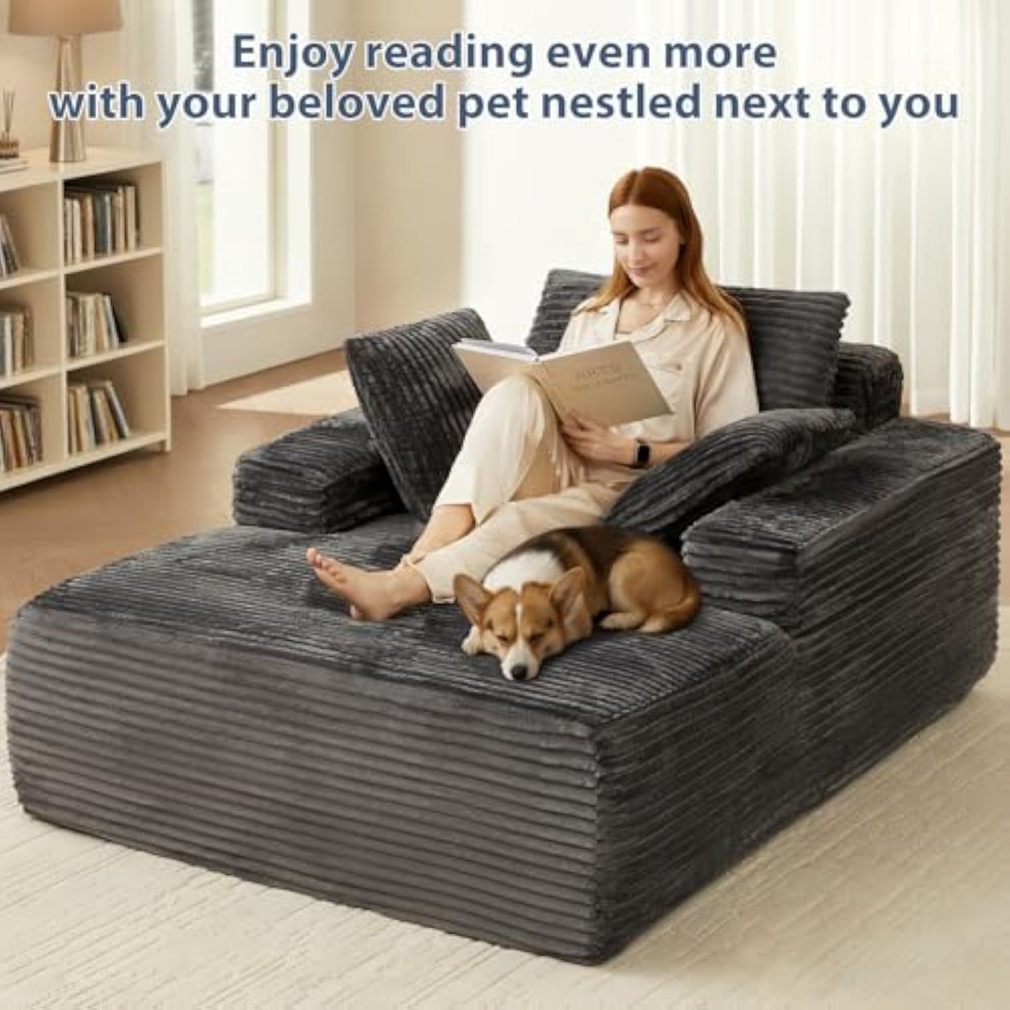 63" Oversized Chaise Lounge Chair, Comfy Corduroy Floor Couch for Living Room, Deep Seat Sleeper, No Assembly Required